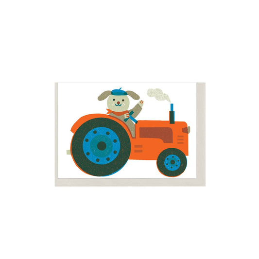 Illustration of a dog driving an orange tractor on a white background
