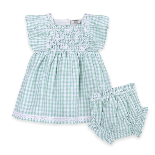 Green and white checkered baby dress with matching bloomers on a white background