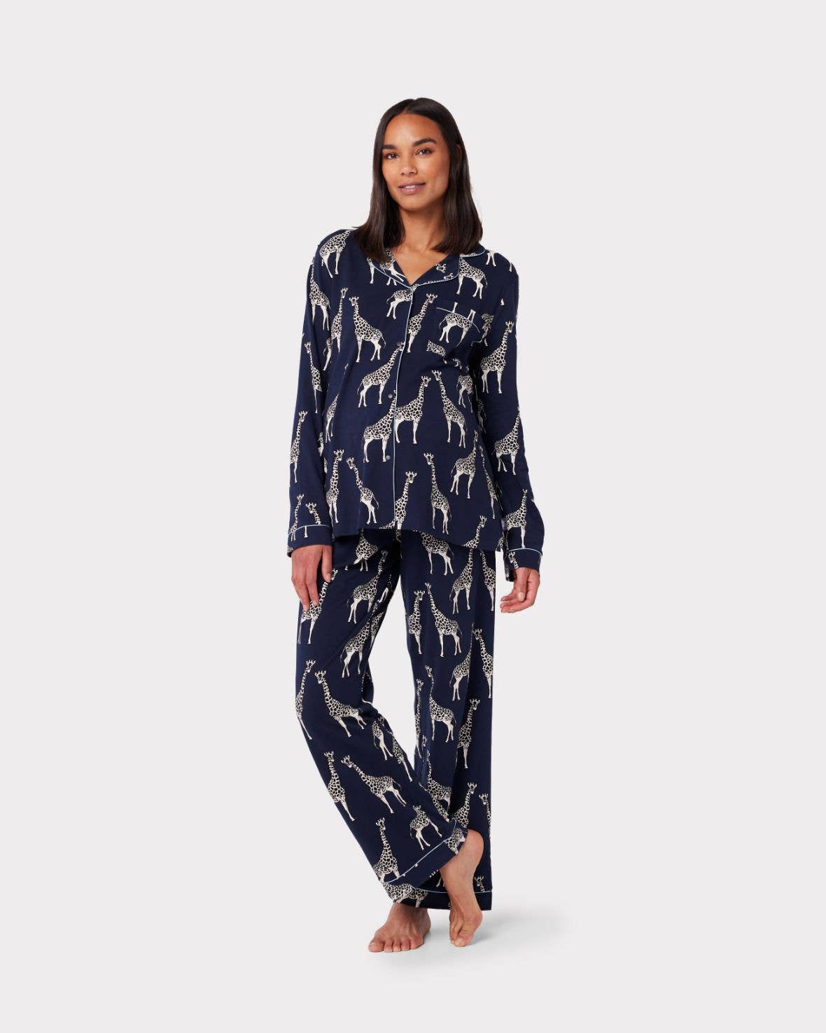 Maternity Navy Giraffe Print Organic Cotton Long Pajama Set