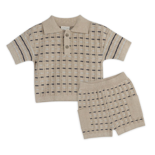 Children's beige checkered shirt and shorts set on a white background