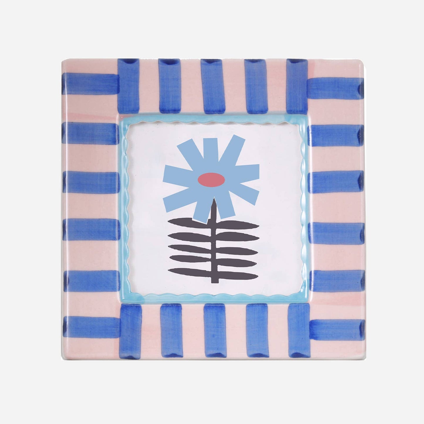 Decorative frame with pink and blue striped border featuring light blue scalloped inner edge.