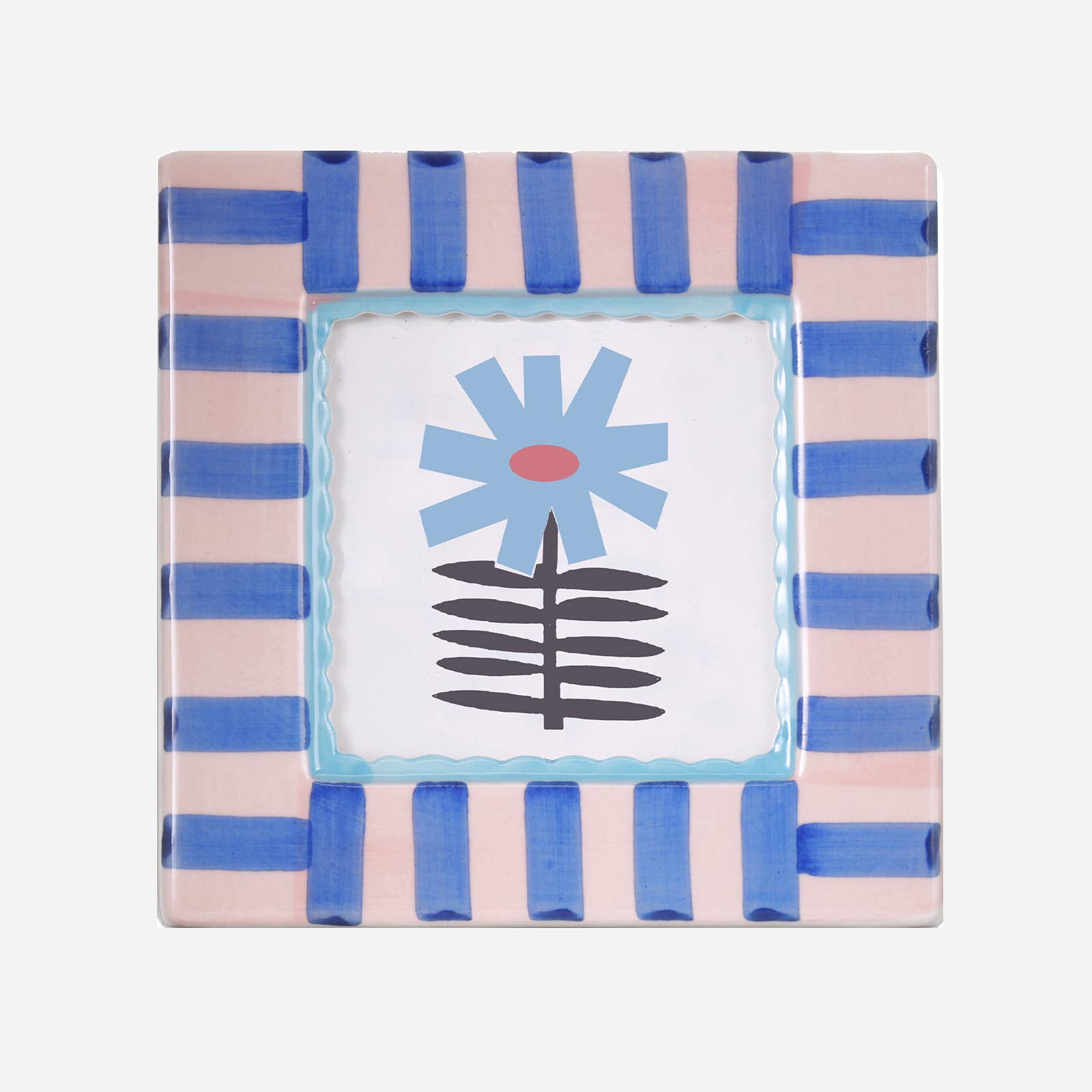 Decorative frame with pink and blue striped border featuring light blue scalloped inner edge.