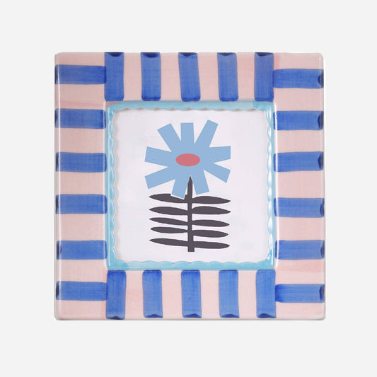 Decorative frame with pink and blue striped border featuring light blue scalloped inner edge.