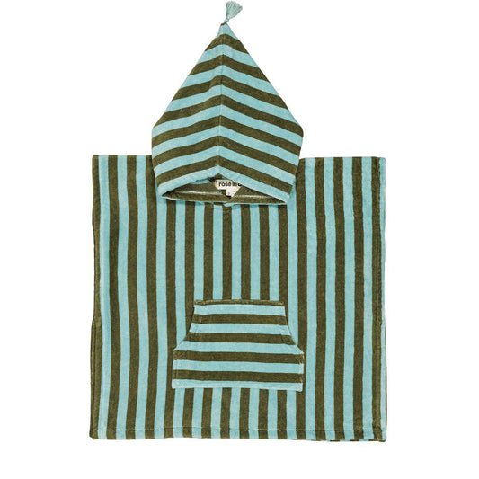 Hooded towel with green and blue striped pattern on a white background
