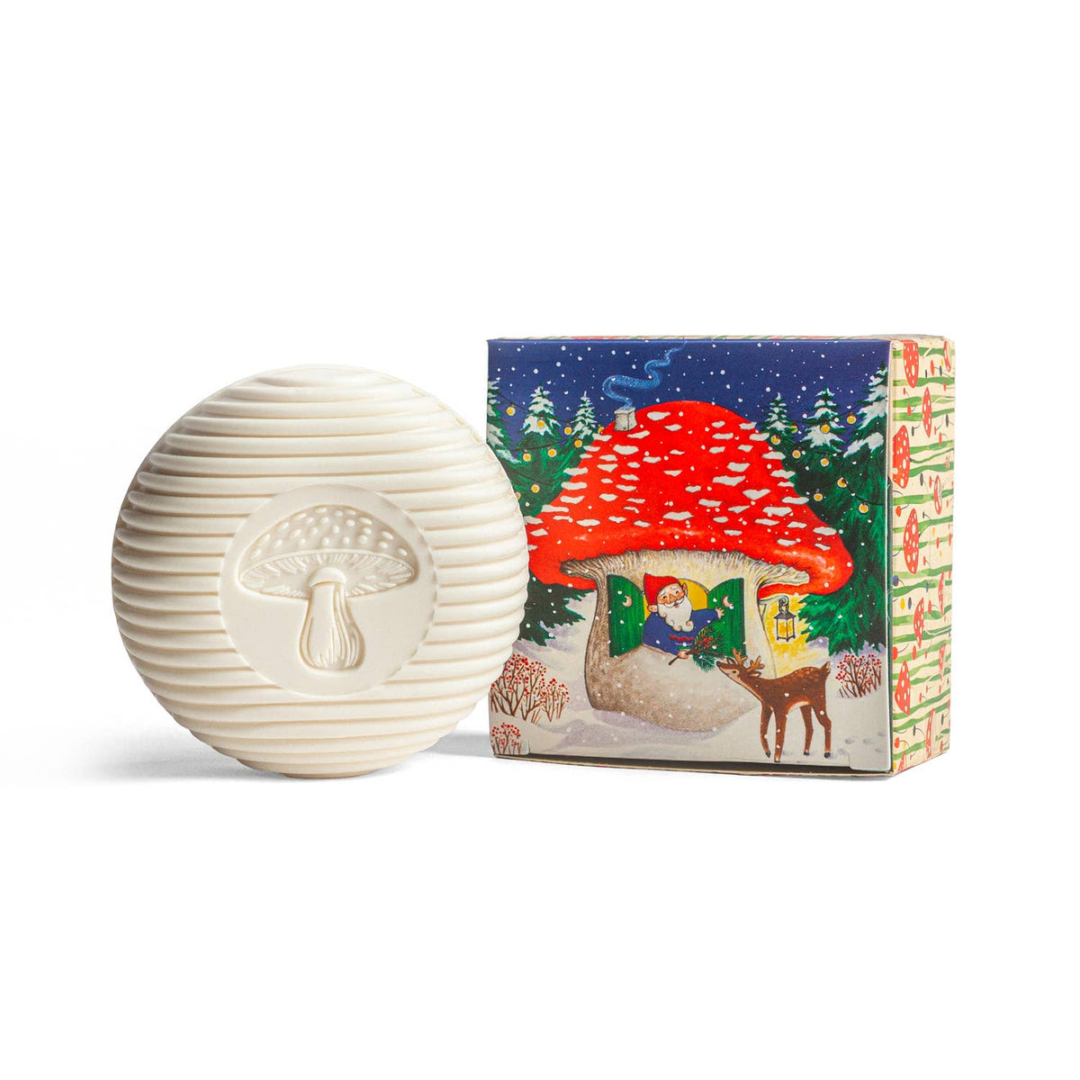 Round Swedish Pine gnome soap with embossed mushroom beside its illustrated gift box