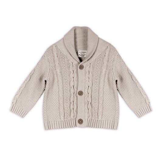 Beige knitted cardigan with buttons on a white background