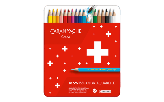 Caran d'Ache Swisscolor Aquarelle watercolor pencils set on a white background