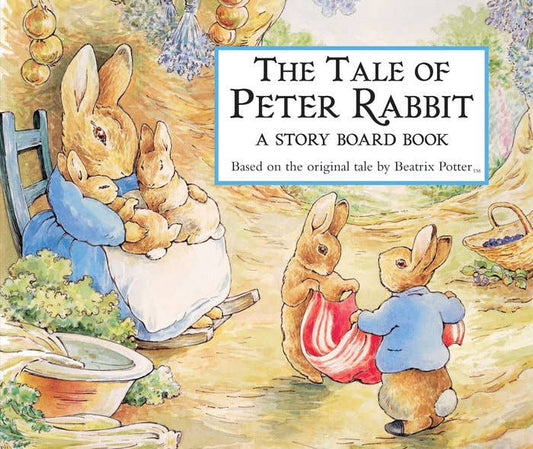 Storyboard book cover featuring illustrations of Peter Rabbit and his friends in a garden setting.