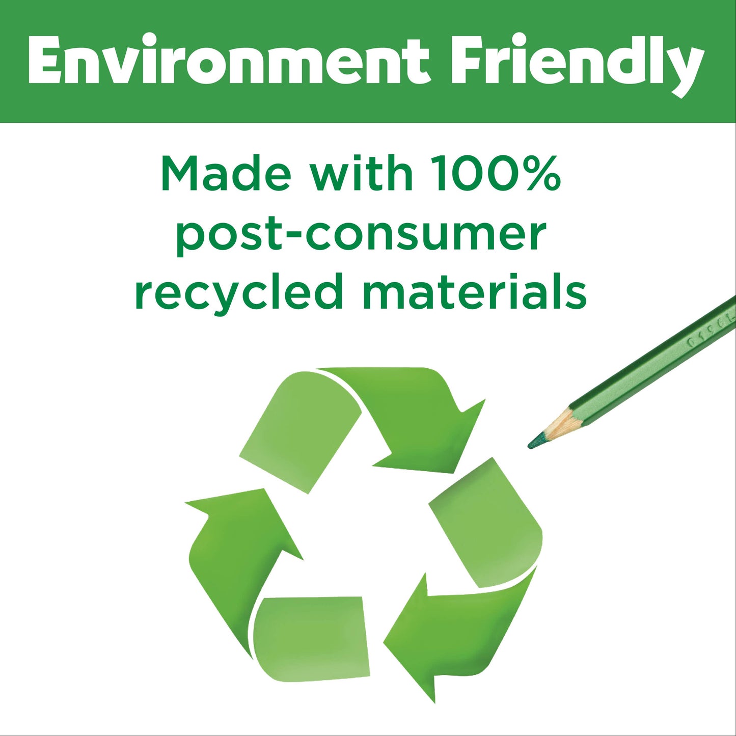 Green pencil drawing a recycling symbol with text about post-consumer recycled materials on a white background.