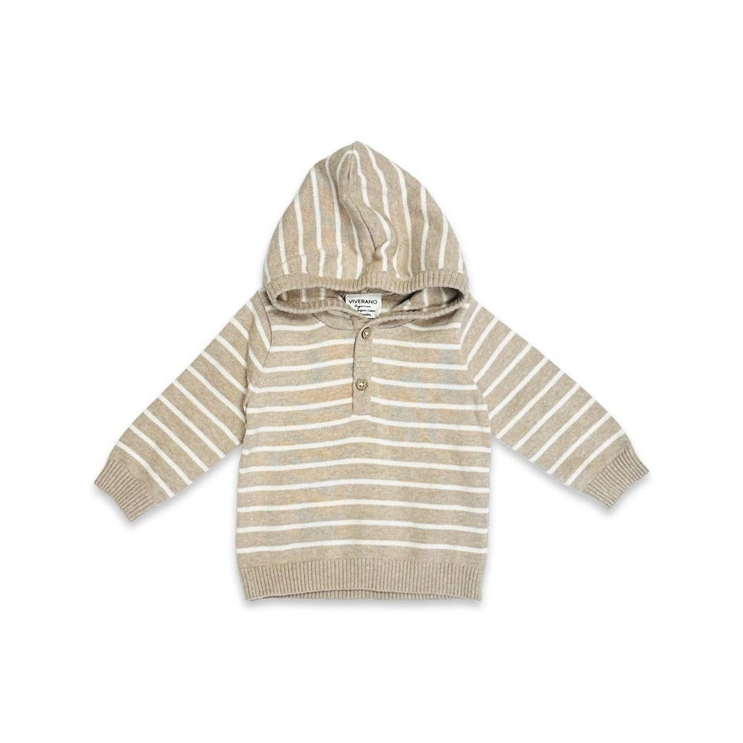 Oat Heather - Stripe Hooded Baby Knit Pullover (Organic)