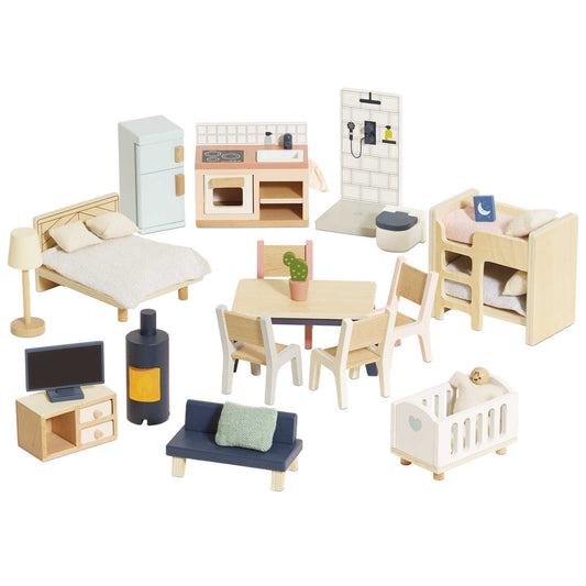 Set of wooden toy furniture including a bed, table, chairs, and other items on a white background