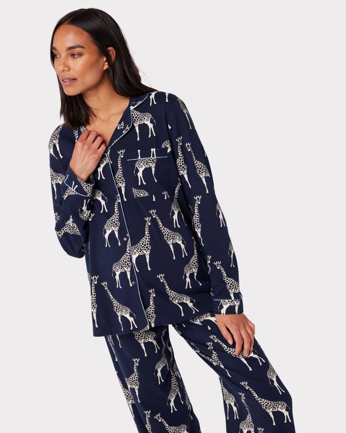 Maternity Navy Giraffe Print Organic Cotton Long Pajama Set