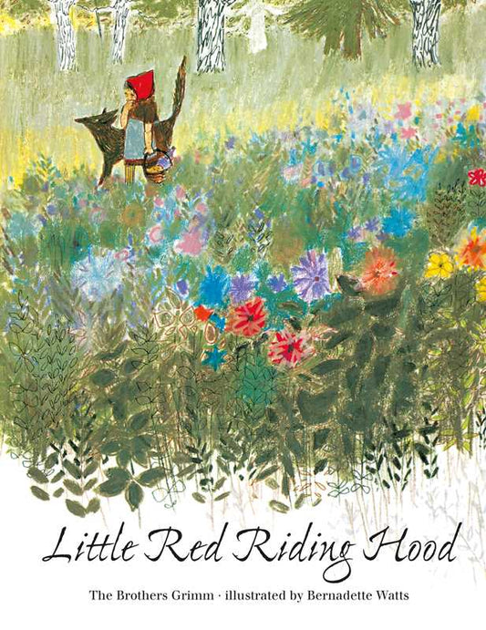 Illustrated book cover of 'Little Red Riding Hood' with a forest scene and flowers.