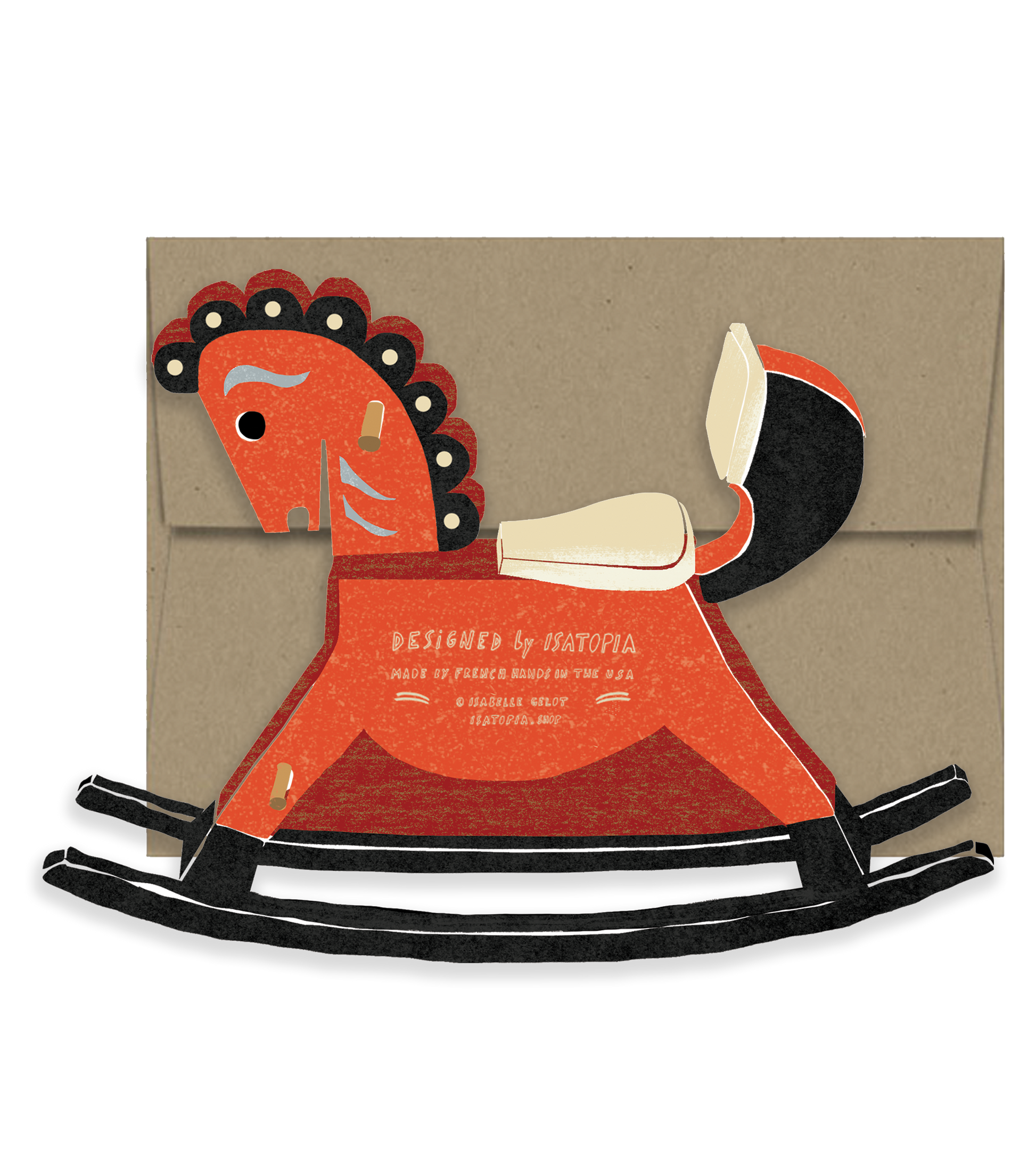 card with rustic wooden rocking horse toy on a brown envelope