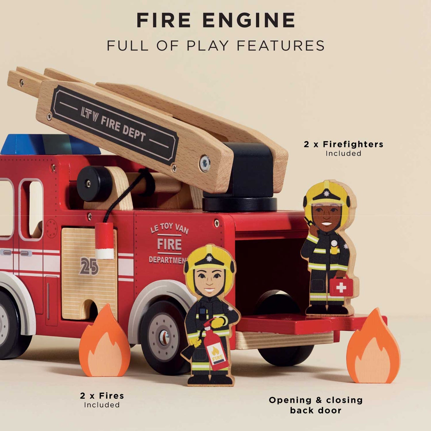 Toy fire engine with firefighters and flames on a beige background