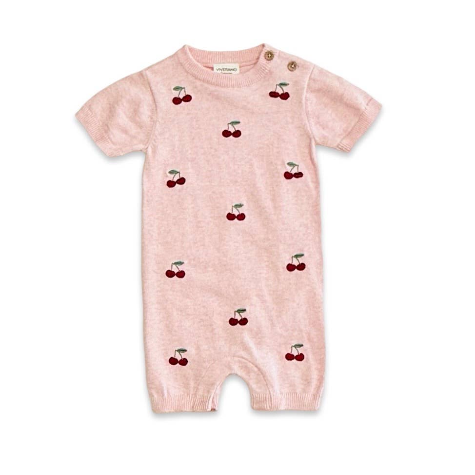 Cherry Embroidered Knit Short Sleeve Baby Romper (Organic)