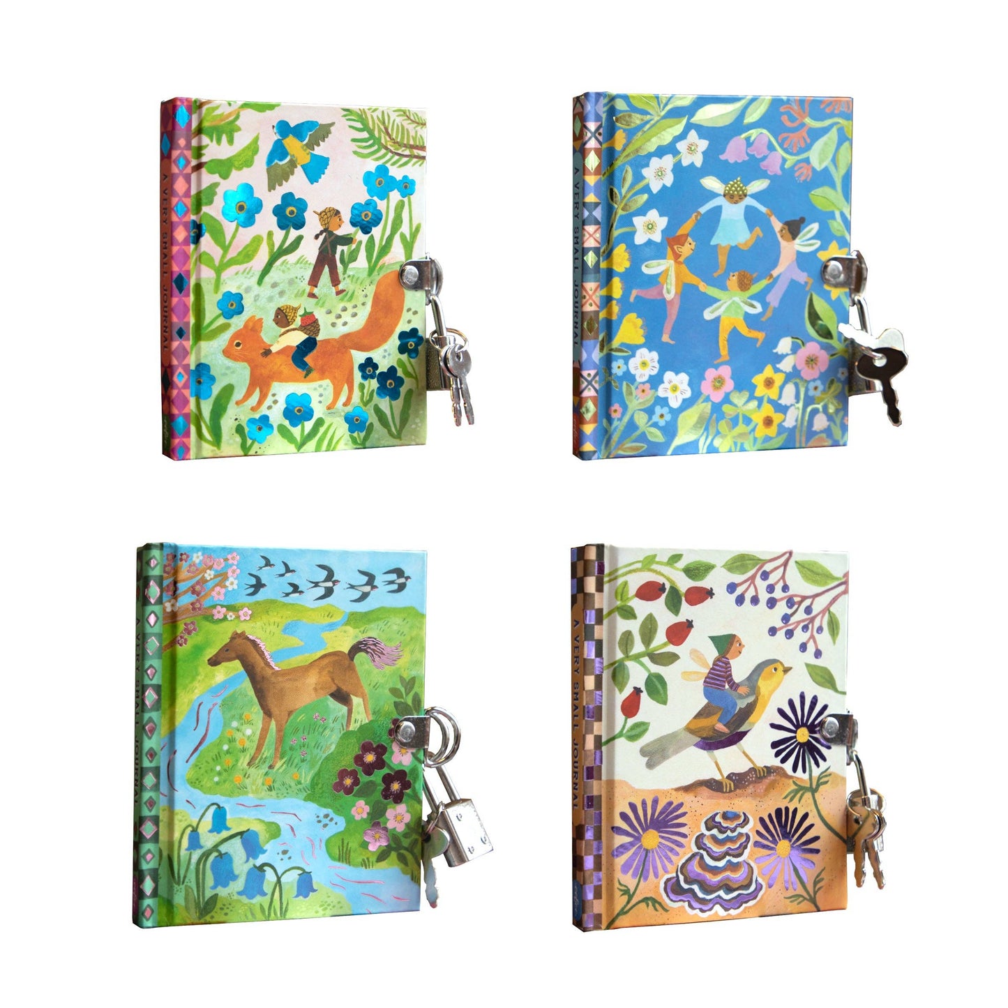 Four colorful journals with animal-themed designs on a white background

