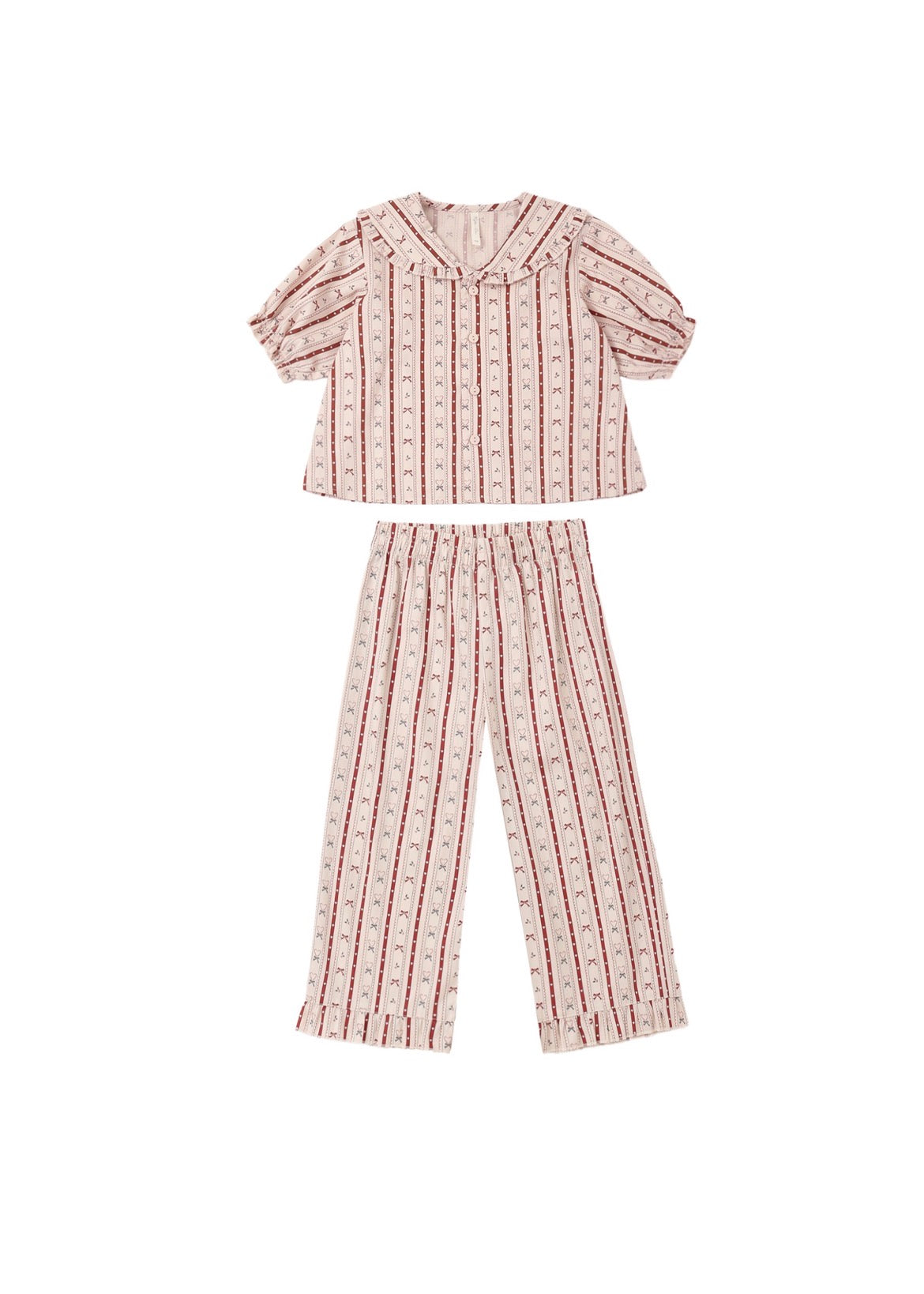 A two-piece children's pajama set featuring a short-sleeve top and matching pants in a light pinkish-beige fabric with vertical red stripes and a small floral pattern, displayed on a solid white background.