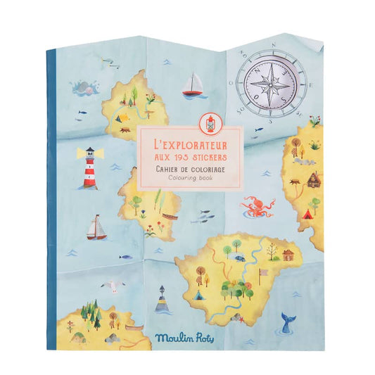 Coloring book with map design and stickers on a white background