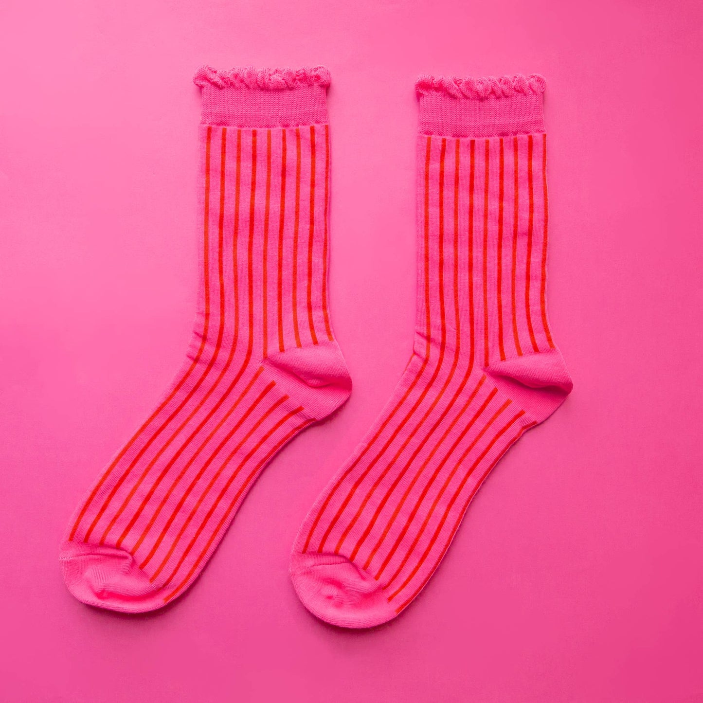 Striped Ruffle Crew Socks | Fuchsia