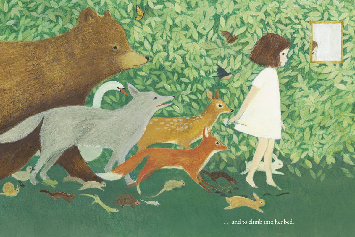 Picture book image featuring a child and some forest animals