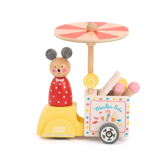 Wooden toy with a mouse character and an ice cream cart on a white background
