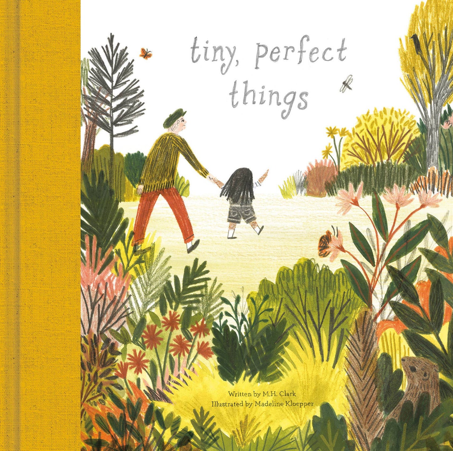 Book cover of 'tiny, perfect things' with illustrations of a man and child walking through a garden.