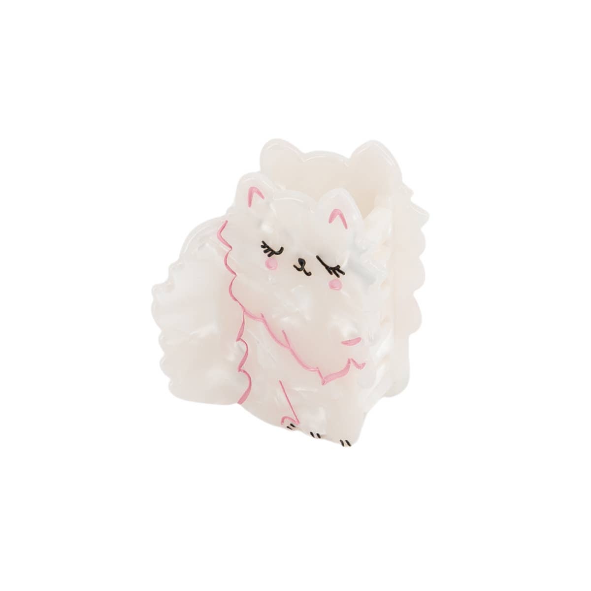 White cat hair clip with pink and black accents on a white background