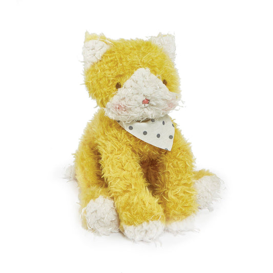 Yellow plush cat toy with a white bow tie on a white background