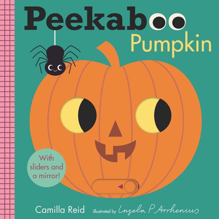 Cover of the board book Peekaboo Pumpkin featuring a cute orange jackolantern and a spider on a turquoise background.