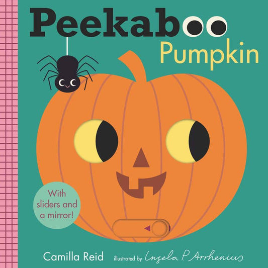 Cover of the board book Peekaboo Pumpkin featuring a cute orange jackolantern and a spider on a turquoise background.