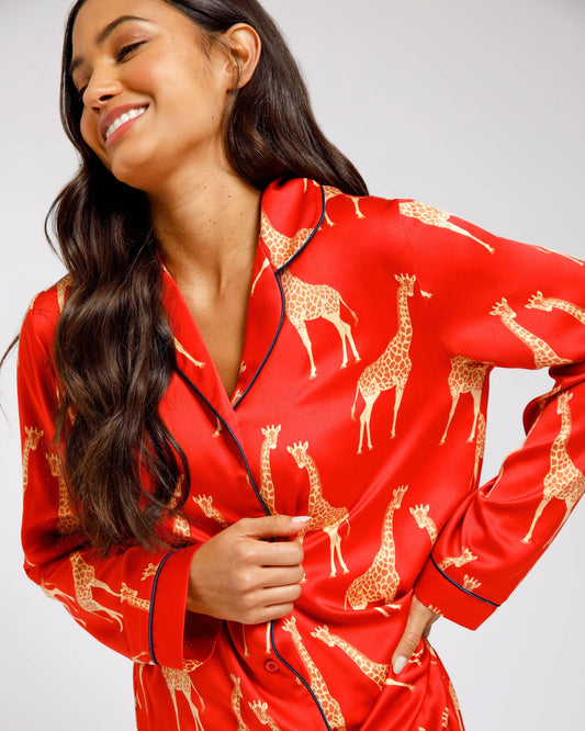 Satin Red Giraffe Print Long Pajama Set