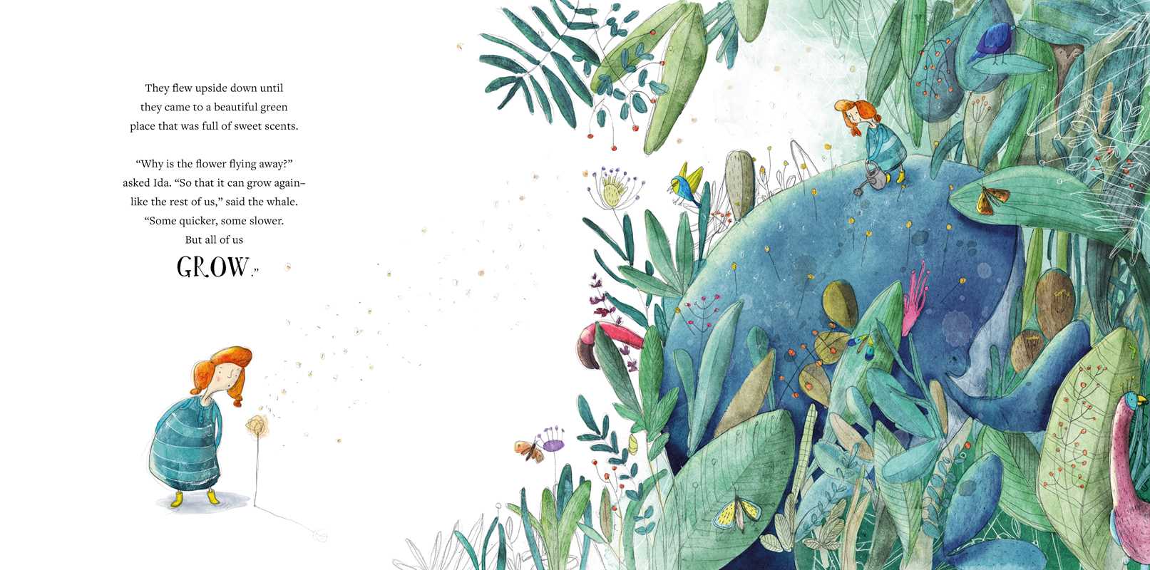 Illustrated page from a children's book with a character looking at a large blue whale among plants.