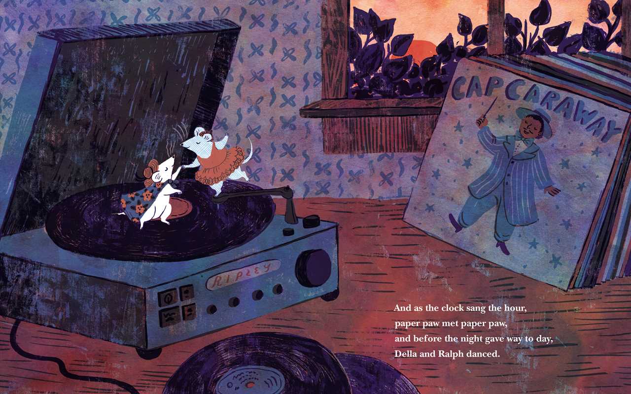 Illustration of a record player with animated characters and a book titled 'Cap Caraway' on a wooden floor.