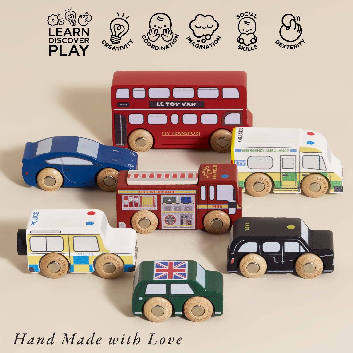 Set of colorful wooden toy vehicles on a beige background with icons and text indicating educational benefits.