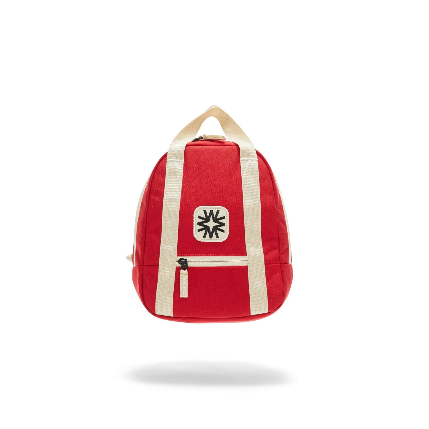 red walker goods kids backpack with ivory straps and a black and white design on the front