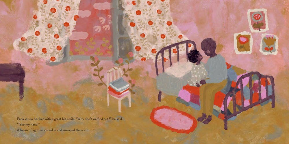 Illustration of a child sitting on a bed with a parent, surrounded by floral decorations and a warm color palette.