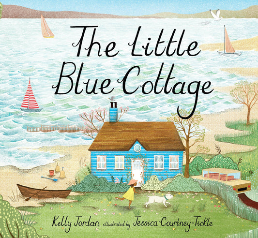 Book cover of 'The Little Blue Cottage' with a blue cottage by the sea, sailboats, and a child with a dog.