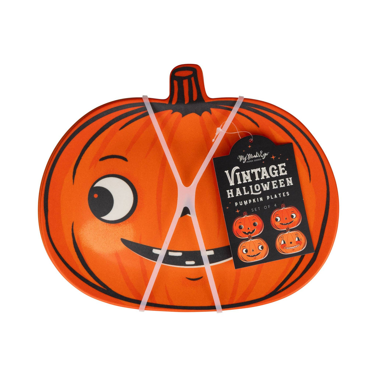 Halloween-themed paper plate shaped like a pumpkin with a face, featuring a 'Vintage Halloween' label.