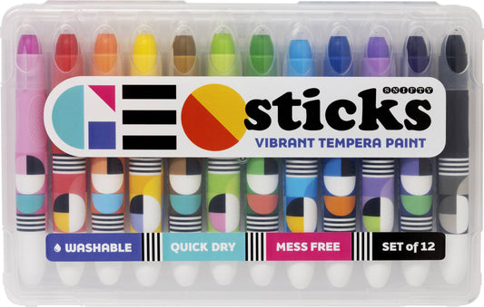 Set of 12 Geosticks tempera paint sticks in a clear plastic case.