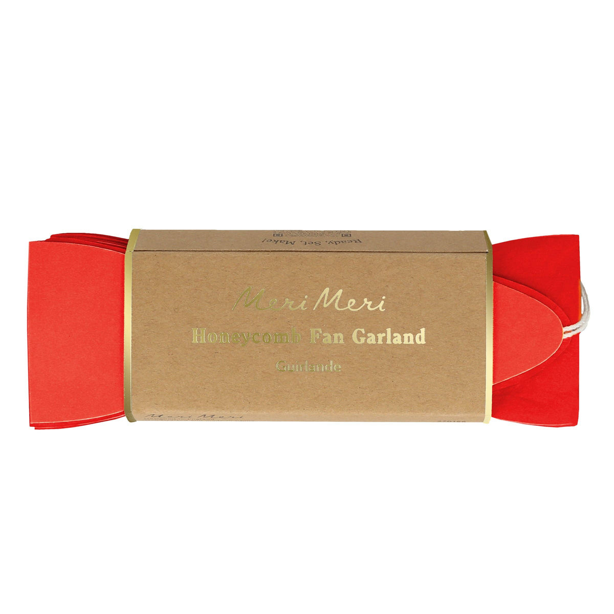 Red and gold packaging of a decorative fan garland with 'Meri Meri' branding.