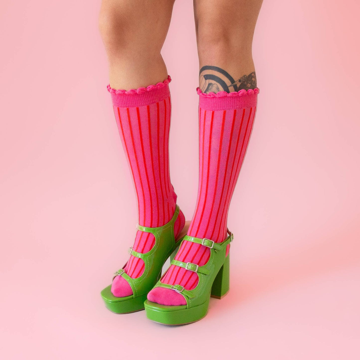 Striped Ruffle Crew Socks | Fuchsia