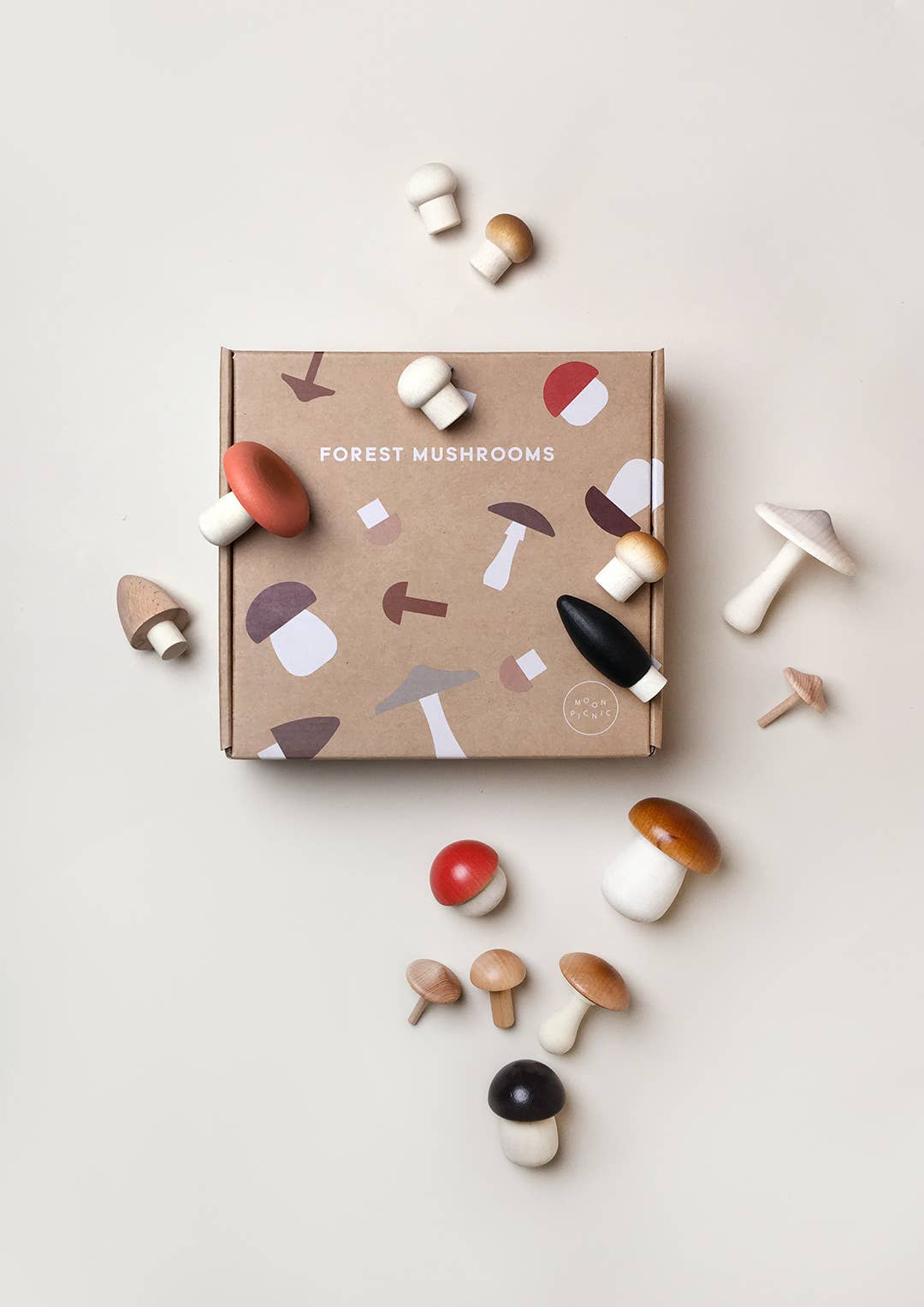 Box with the text "Forest mushrooms" and wooden mushrooms strewn about on a white background