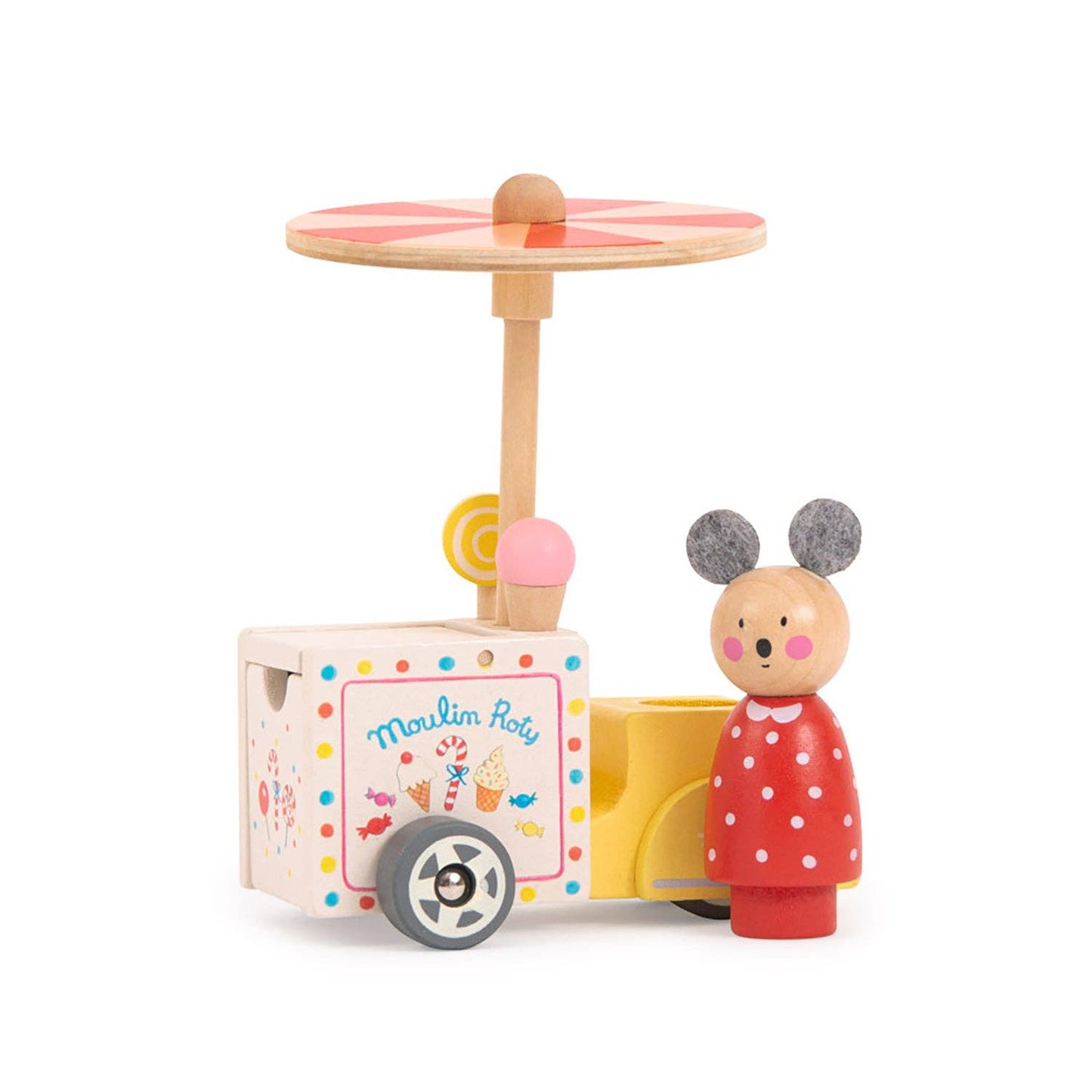 Wooden toy ice cream cart with a mouse character on a white background