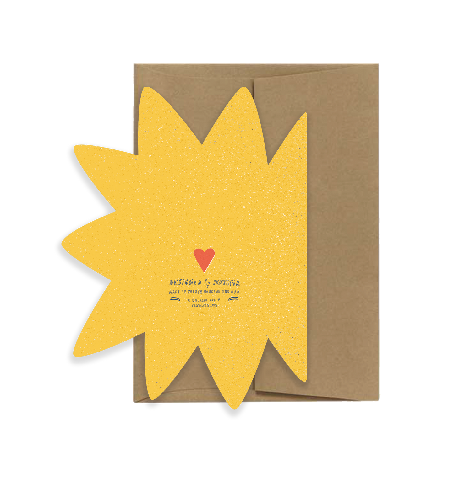 Card with yellow sun design and brown envelope on a white background