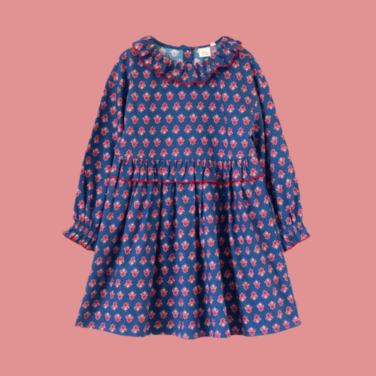 Girls' Ruffle Collar Dress in Long Sleeves | Red and Navy