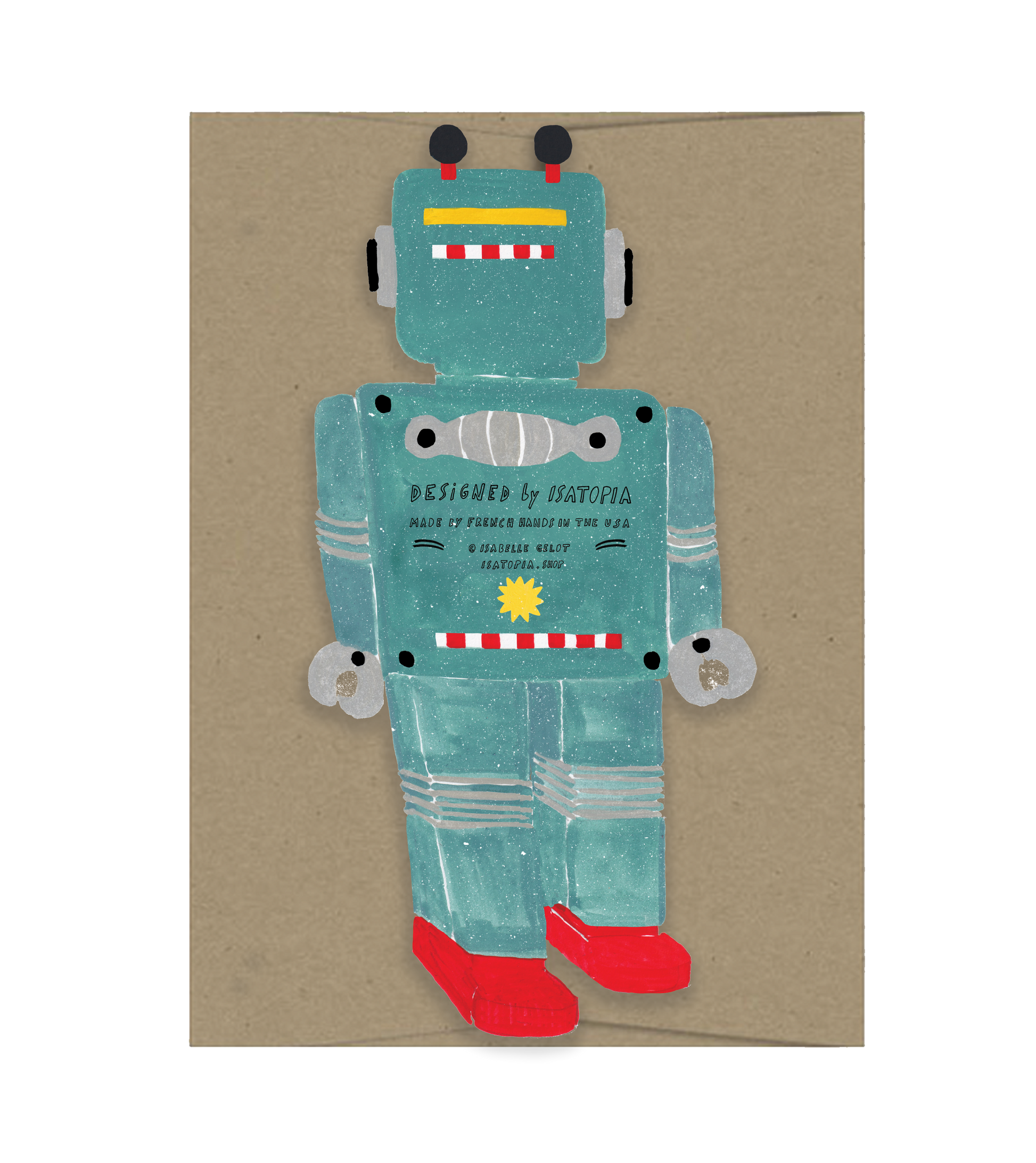 Card with a robot design on a brown background
