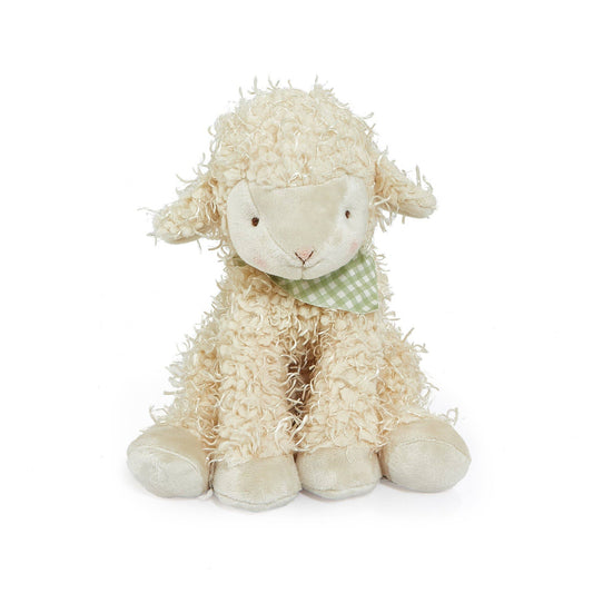 Plush toy sheep with a green checkered scarf on a white background