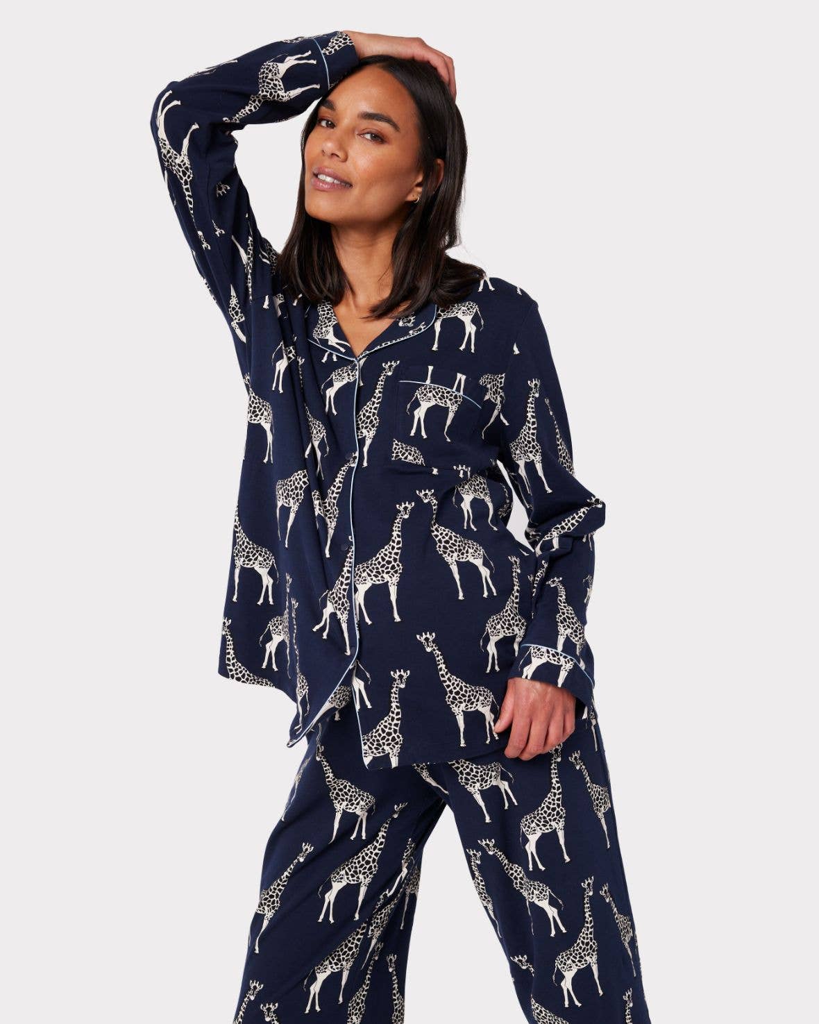 Maternity Navy Giraffe Print Organic Cotton Long Pajama Set