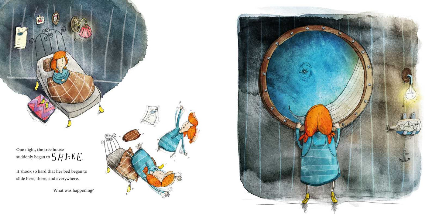 Book spread illustrations of a child looking into a large round boat window with a whale eye, and a child in a bed.